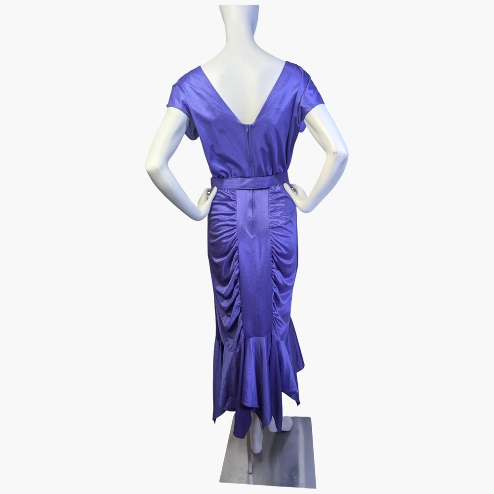Vintage 1980s Purple Ruched Belted Midi Dress | Made in Canada | Size Medium - Picture 4 of 8